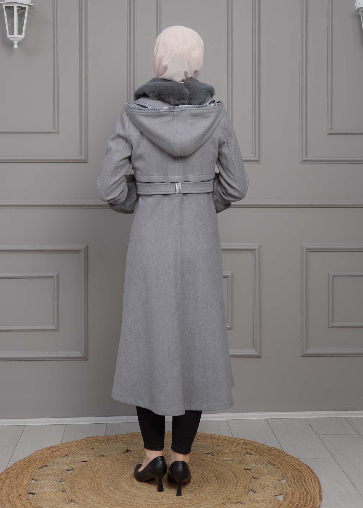 Luxuriöser Damen Trenchcoat aus Wolltuch mit Kaninchenfutter 1355 - Grau