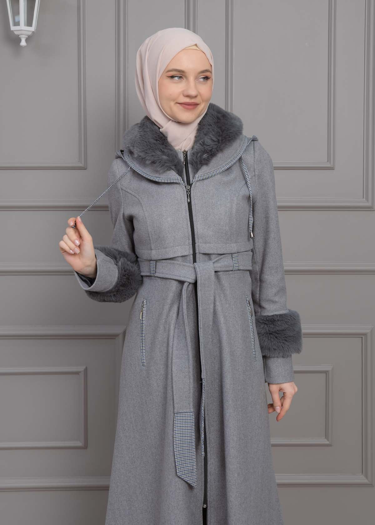 Luxuriöser Damen Trenchcoat aus Wolltuch mit Kaninchenfutter 1355 - Grau