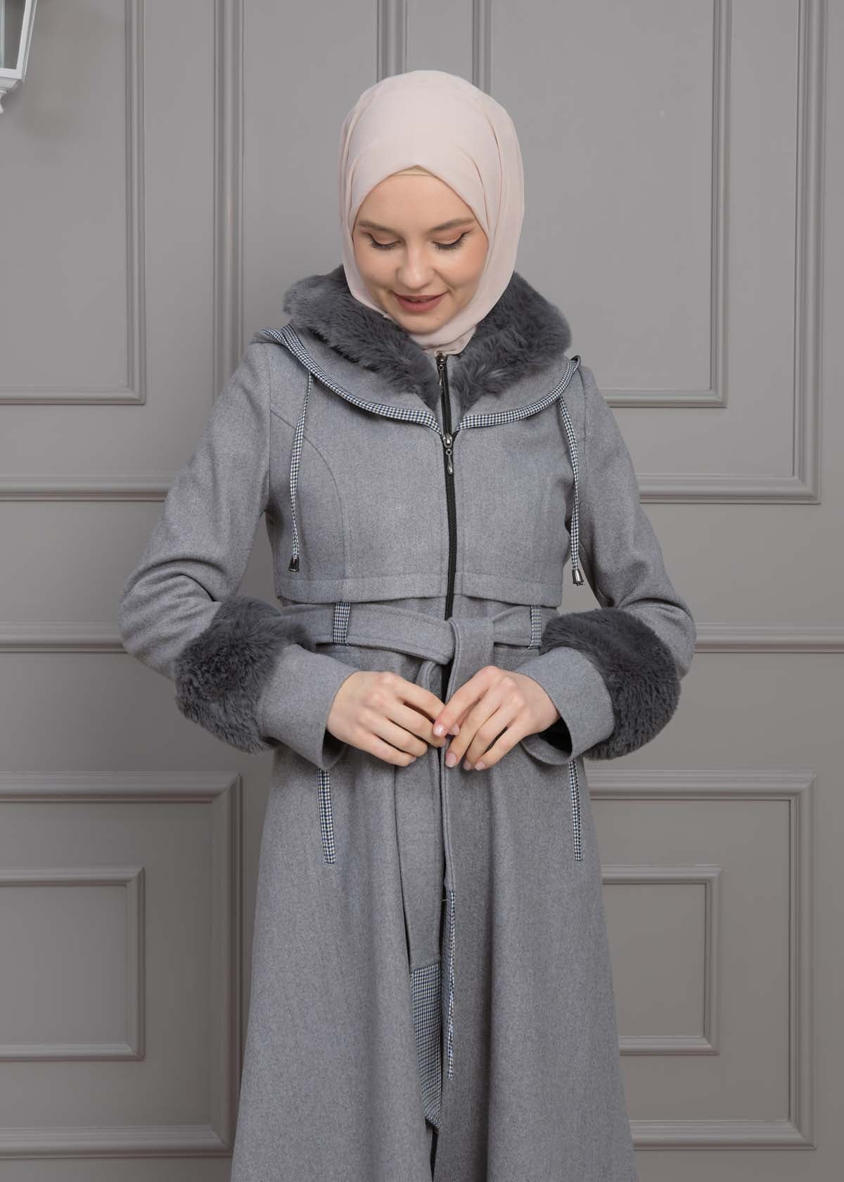 Luxuriöser Damen Trenchcoat aus Wolltuch mit Kaninchenfutter 1355 - Grau
