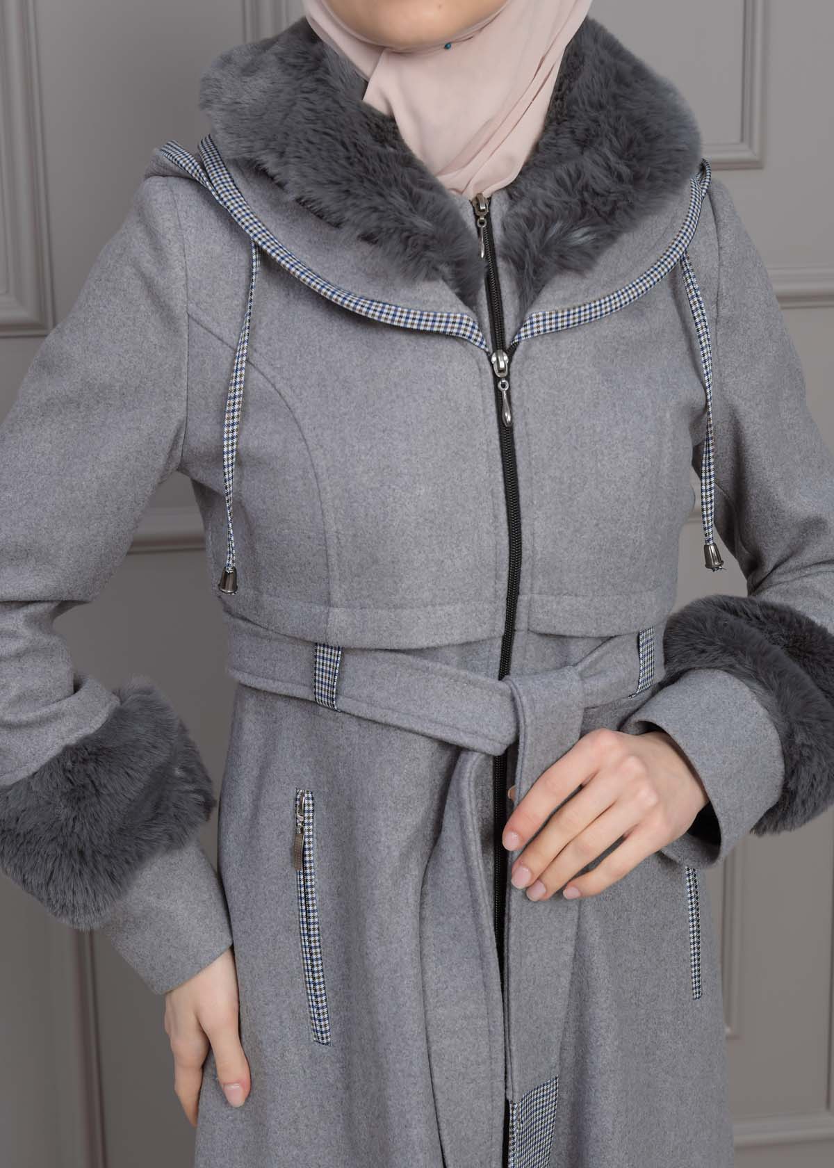 Luxuriöser Damen Trenchcoat aus Wolltuch mit Kaninchenfutter 1355 - Grau