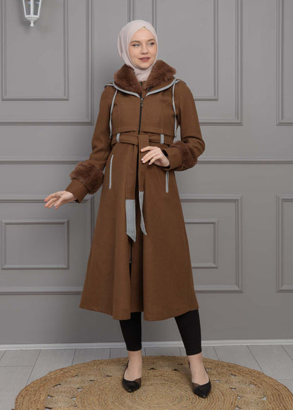 Luxuriöser Damen Trenchcoat aus Wolltuch mit Kaninchenfutter 1355 - Braun