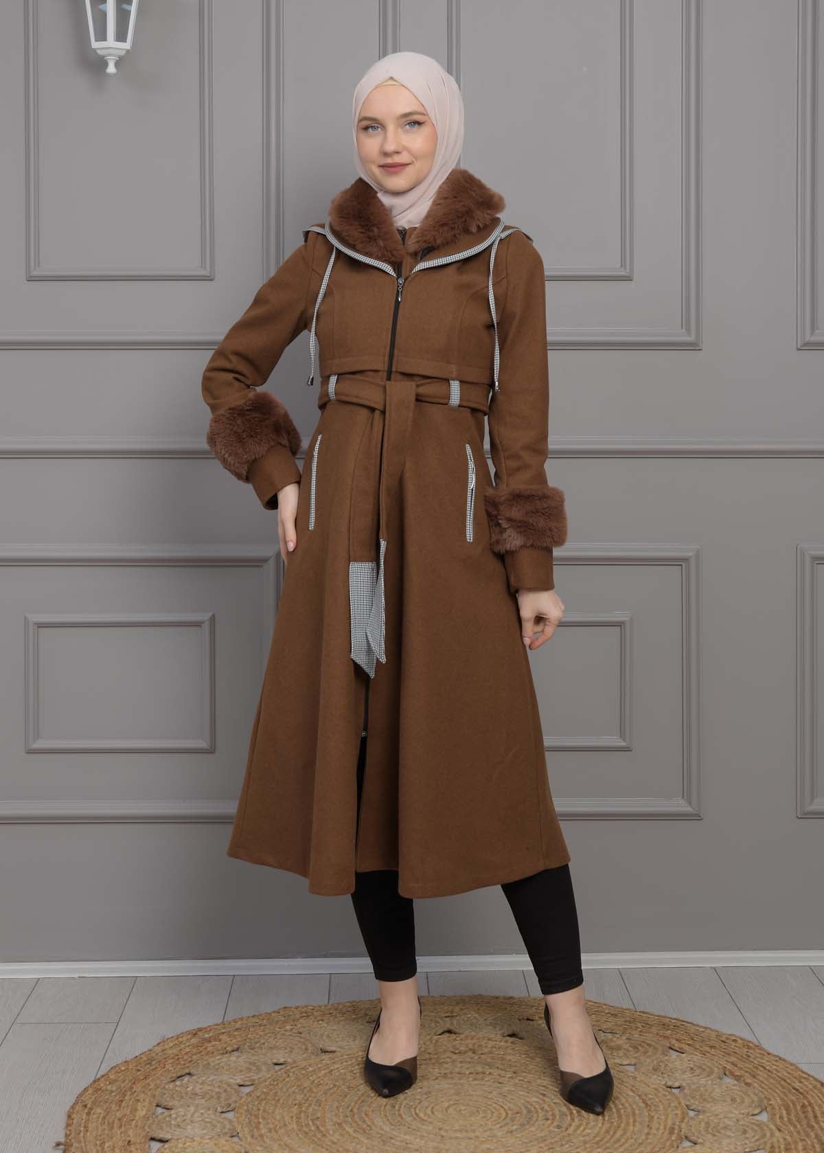 Luxuriöser Damen Trenchcoat aus Wolltuch mit Kaninchenfutter 1355 - Braun