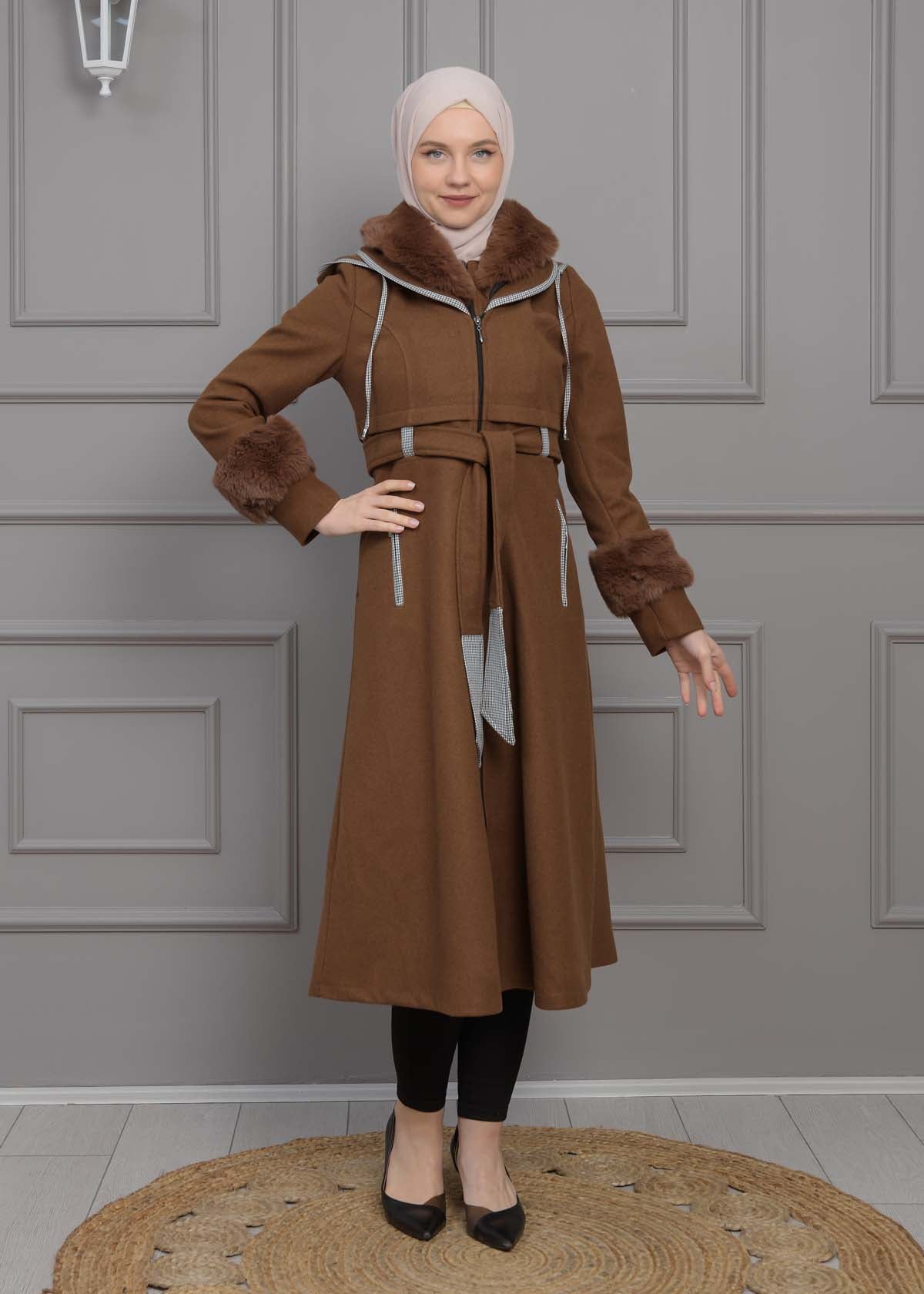 Luxuriöser Damen Trenchcoat aus Wolltuch mit Kaninchenfutter 1355 - Braun