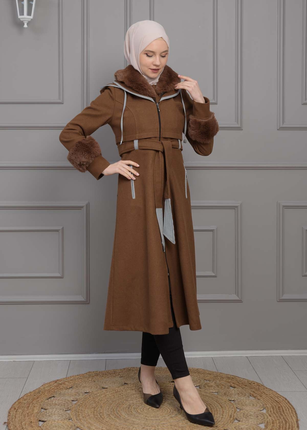 Luxuriöser Damen Trenchcoat aus Wolltuch mit Kaninchenfutter 1355 - Braun