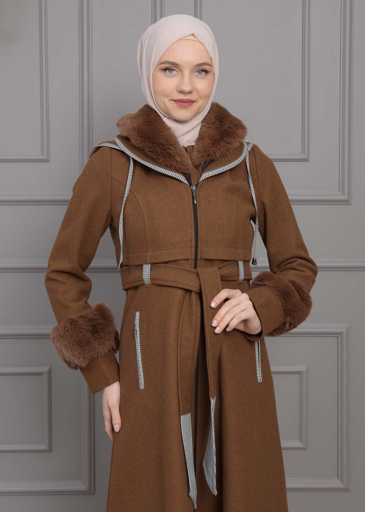 Luxuriöser Damen Trenchcoat aus Wolltuch mit Kaninchenfutter 1355 - Braun