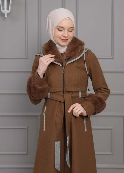 Luxuriöser Damen Trenchcoat aus Wolltuch mit Kaninchenfutter 1355 - Braun