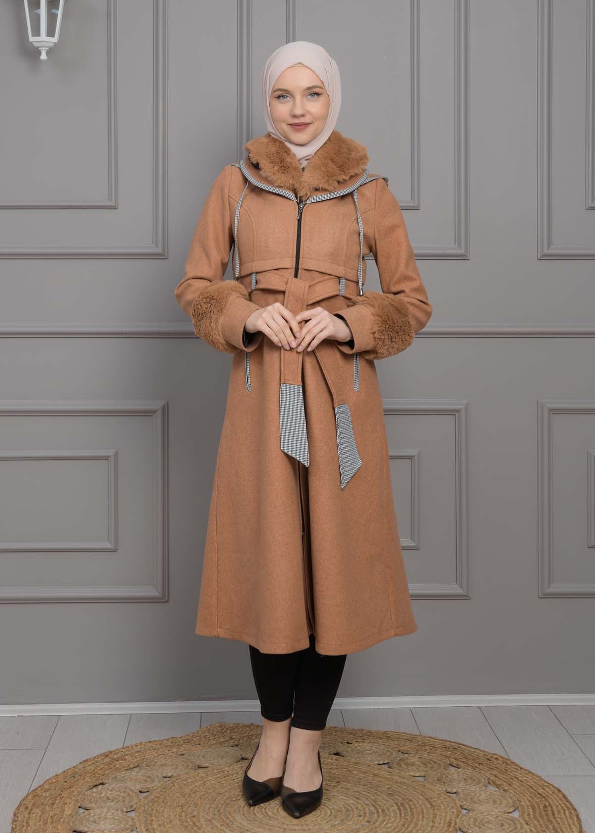 Luxuriöser Damen Trenchcoat aus Wolltuch mit Kaninchenfutter 1355 - Cognac