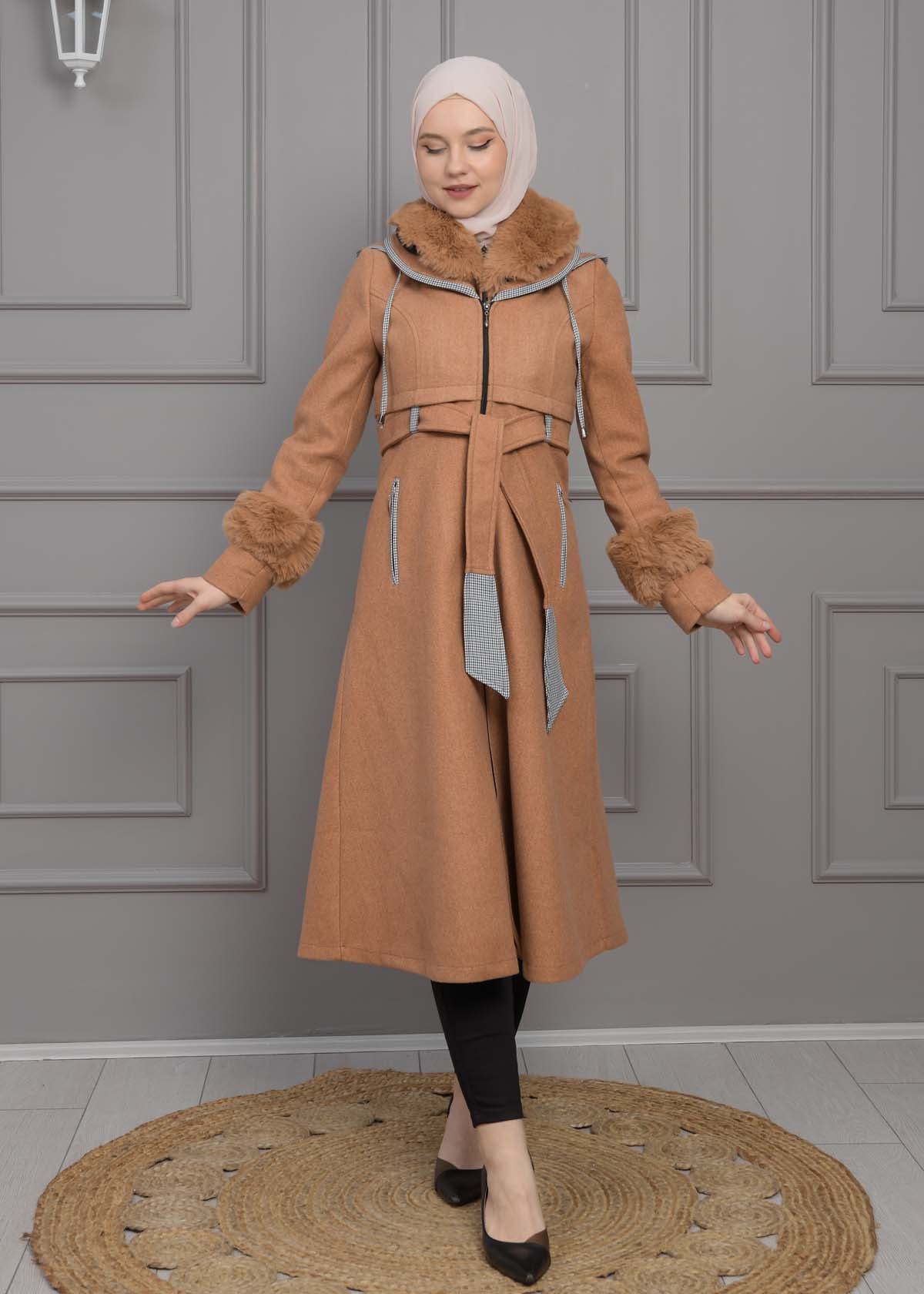 Luxuriöser Damen Trenchcoat aus Wolltuch mit Kaninchenfutter 1355 - Cognac