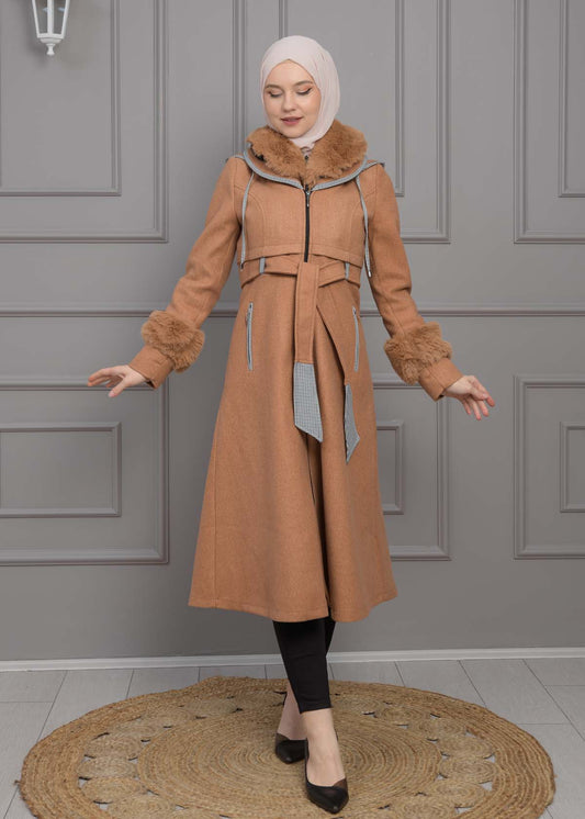 Luxuriöser Damen Trenchcoat aus Wolltuch mit Kaninchenfutter 1355 - Cognac