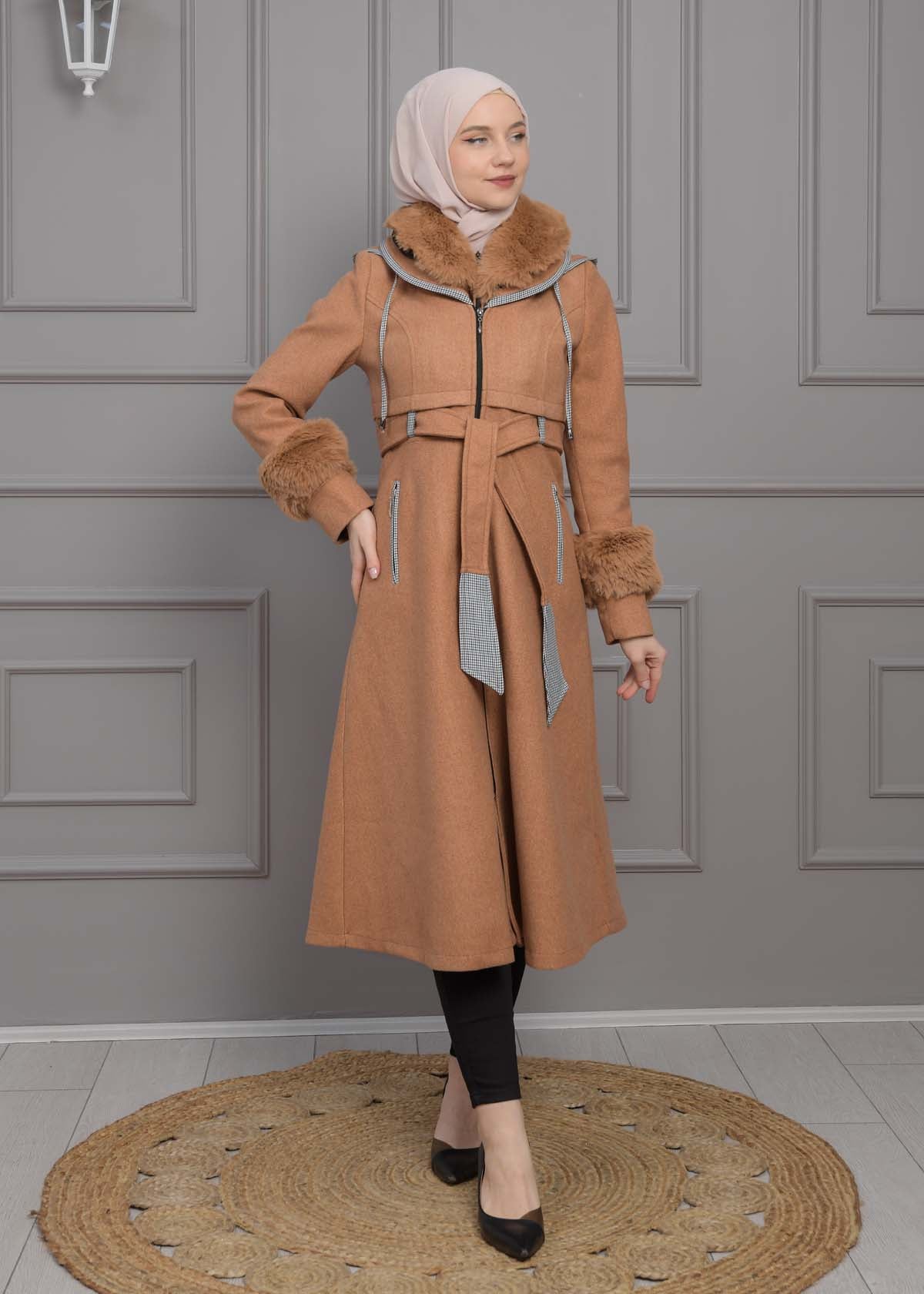 Luxuriöser Damen Trenchcoat aus Wolltuch mit Kaninchenfutter 1355 - Cognac