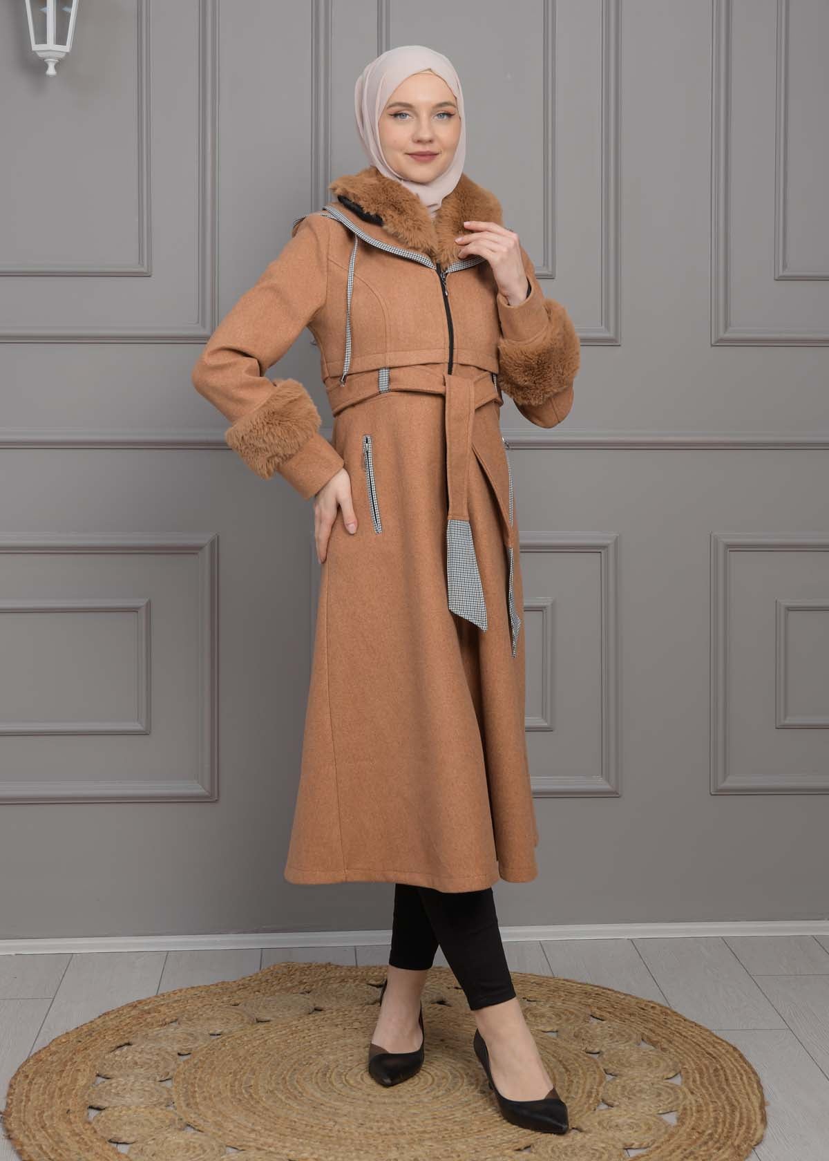 Luxuriöser Damen Trenchcoat aus Wolltuch mit Kaninchenfutter 1355 - Cognac