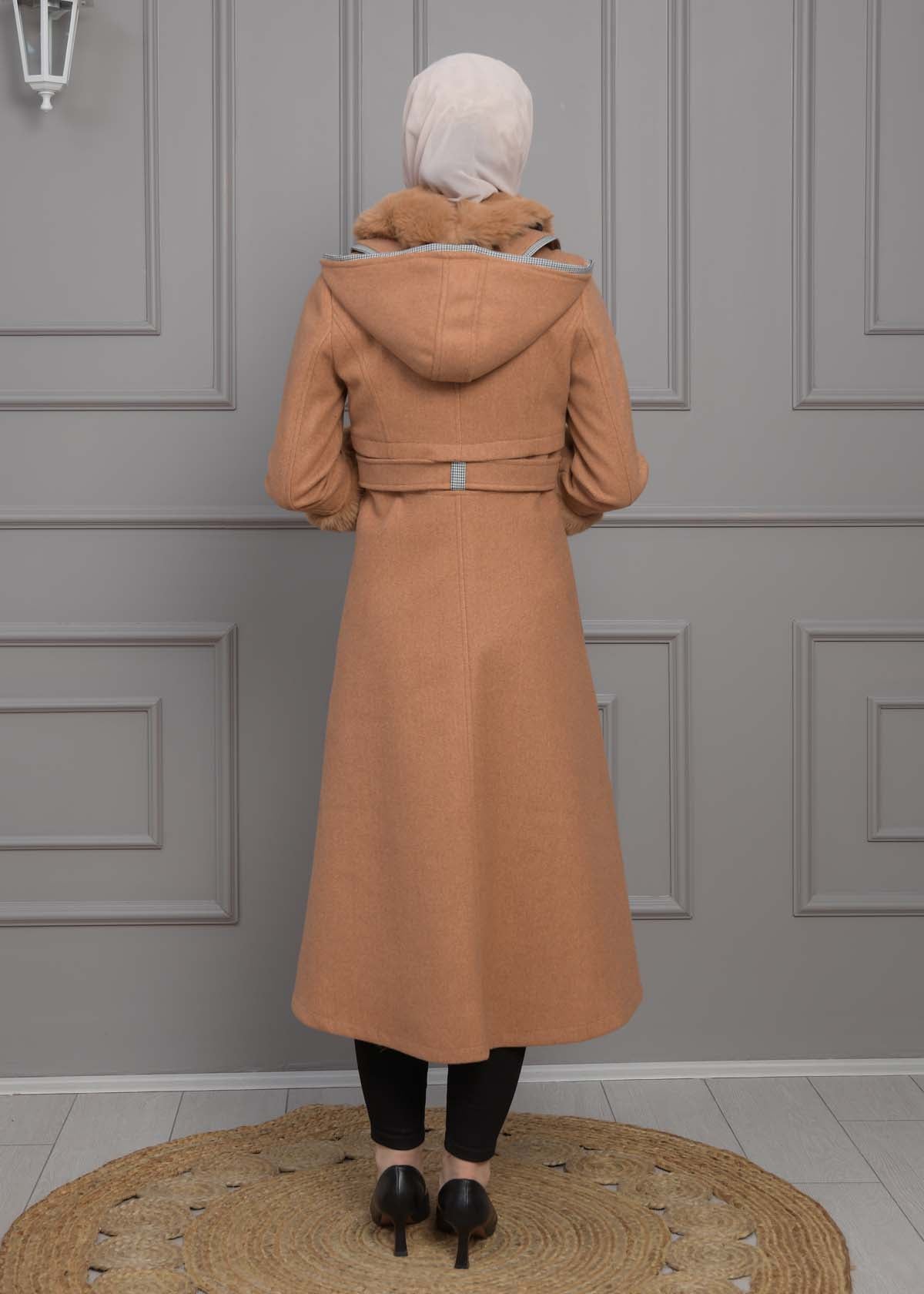 Luxuriöser Damen Trenchcoat aus Wolltuch mit Kaninchenfutter 1355 - Cognac