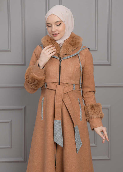 Luxuriöser Damen Trenchcoat aus Wolltuch mit Kaninchenfutter 1355 - Cognac