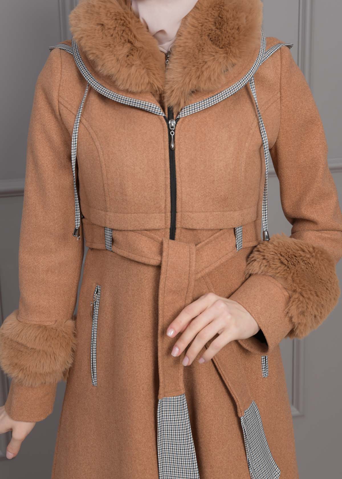 Luxuriöser Damen Trenchcoat aus Wolltuch mit Kaninchenfutter 1355 - Cognac