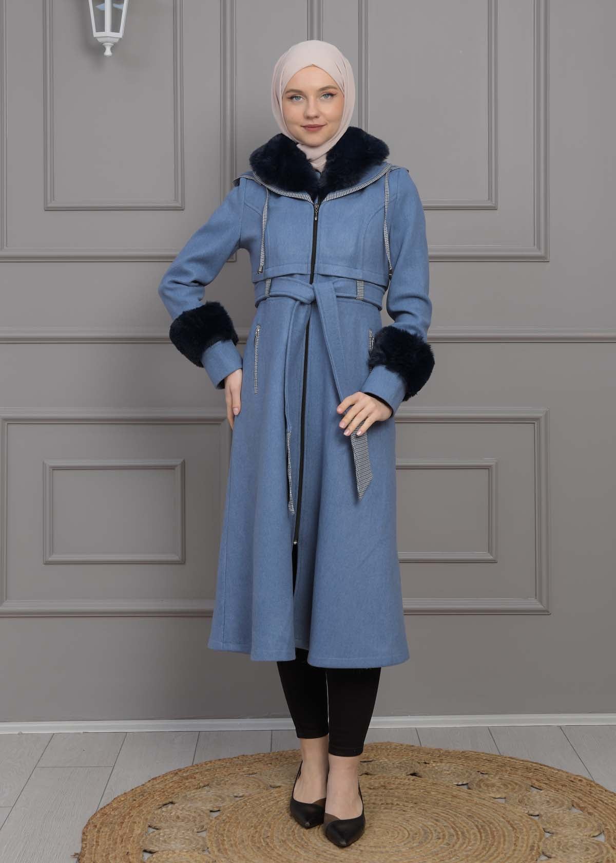 Luxuriöser Damen Trenchcoat aus Wolltuch mit Kaninchenfutter 1355 - Blau