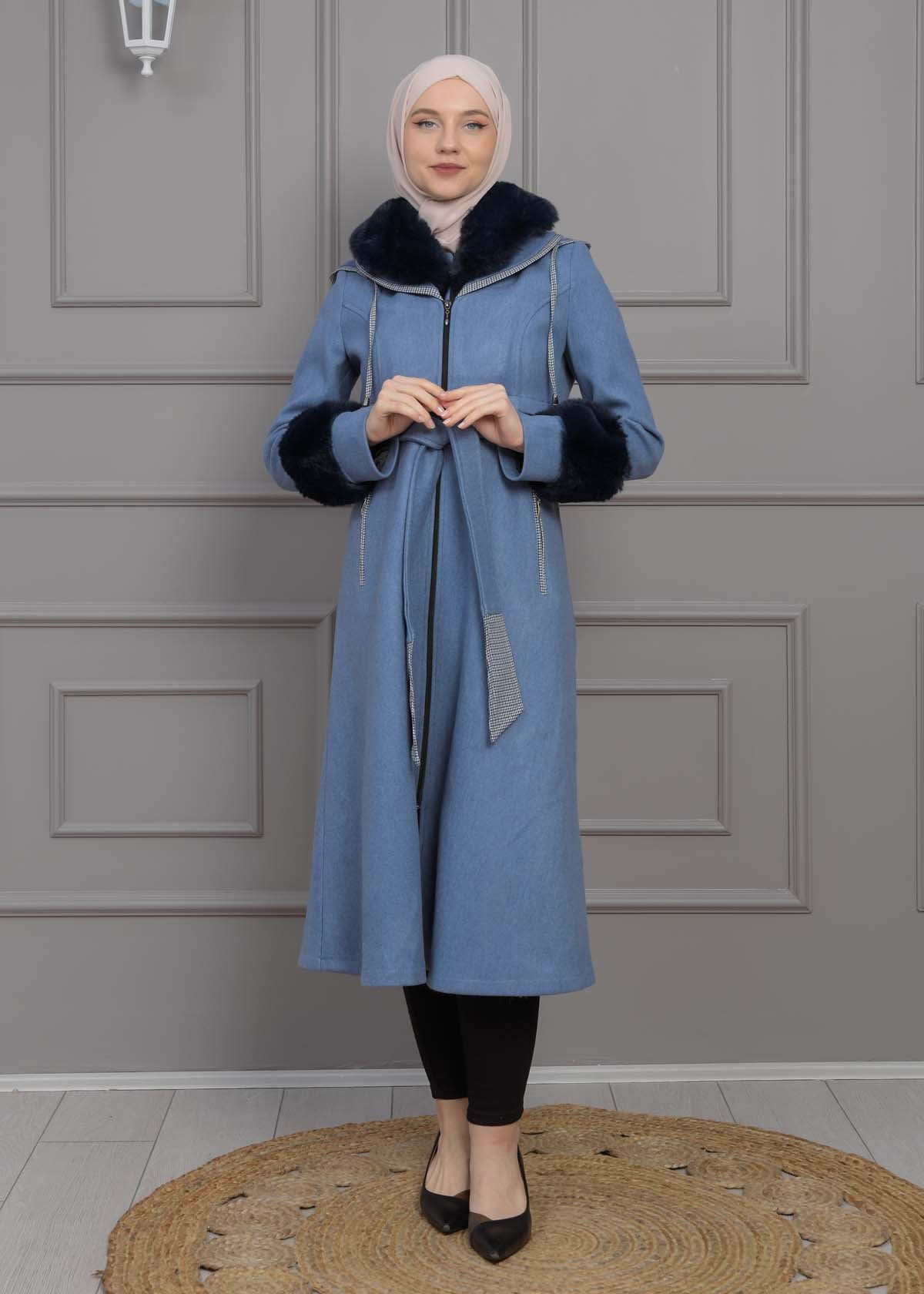 Luxuriöser Damen Trenchcoat aus Wolltuch mit Kaninchenfutter 1355 - Blau