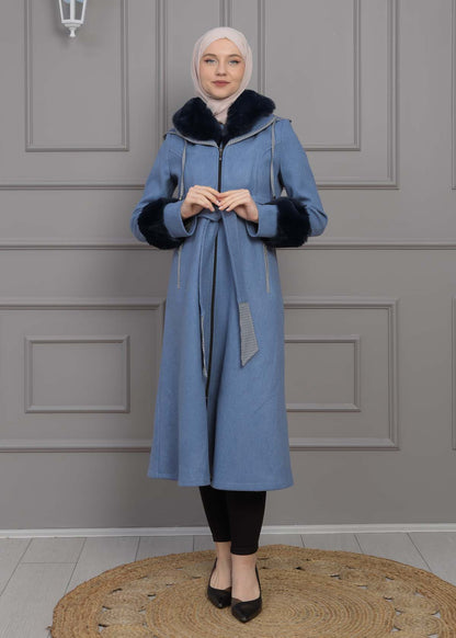 Luxuriöser Damen Trenchcoat aus Wolltuch mit Kaninchenfutter 1355 - Blau