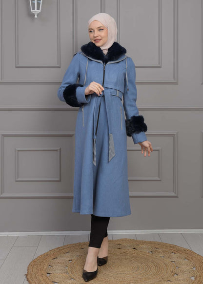 Luxuriöser Damen Trenchcoat aus Wolltuch mit Kaninchenfutter 1355 - Blau
