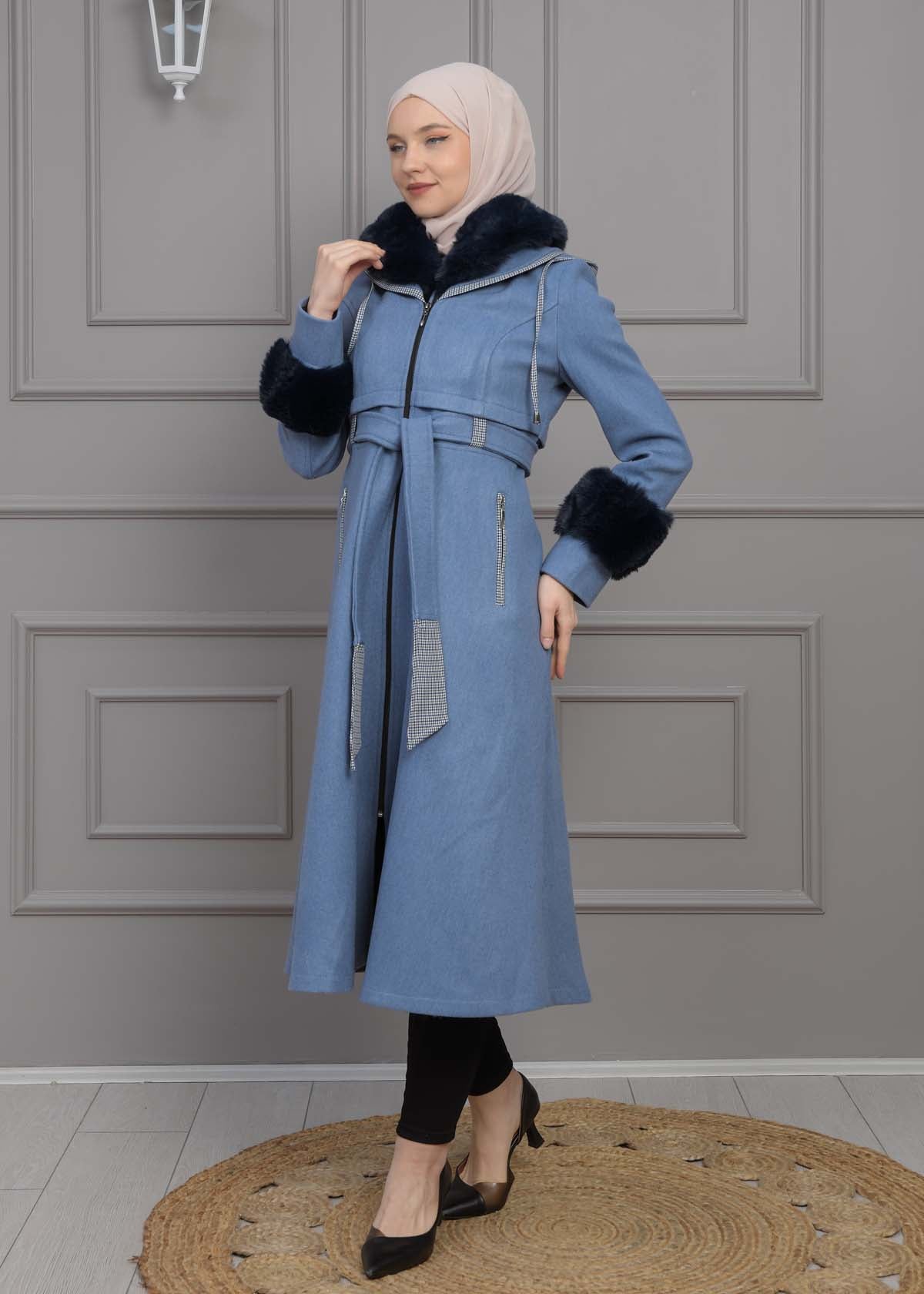 Luxuriöser Damen Trenchcoat aus Wolltuch mit Kaninchenfutter 1355 - Blau