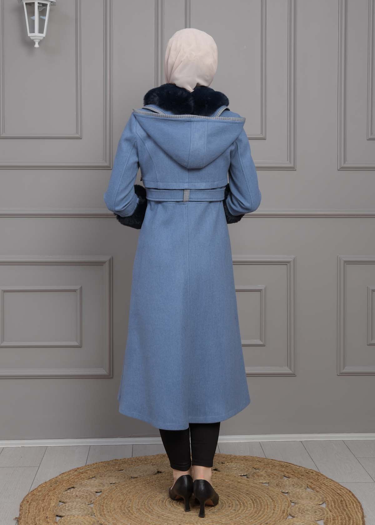 Luxuriöser Damen Trenchcoat aus Wolltuch mit Kaninchenfutter 1355 - Blau