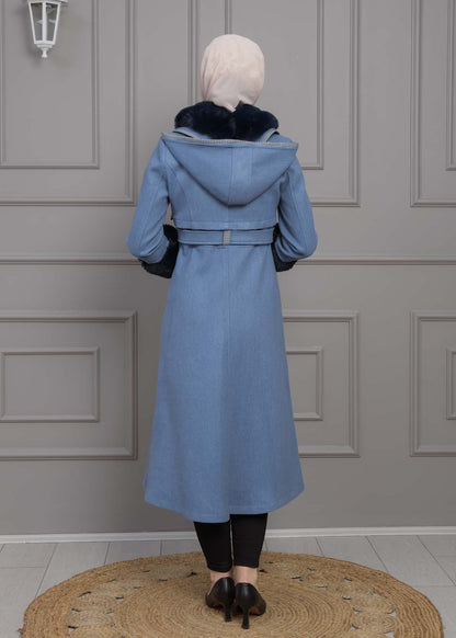 Luxuriöser Damen Trenchcoat aus Wolltuch mit Kaninchenfutter 1355 - Blau