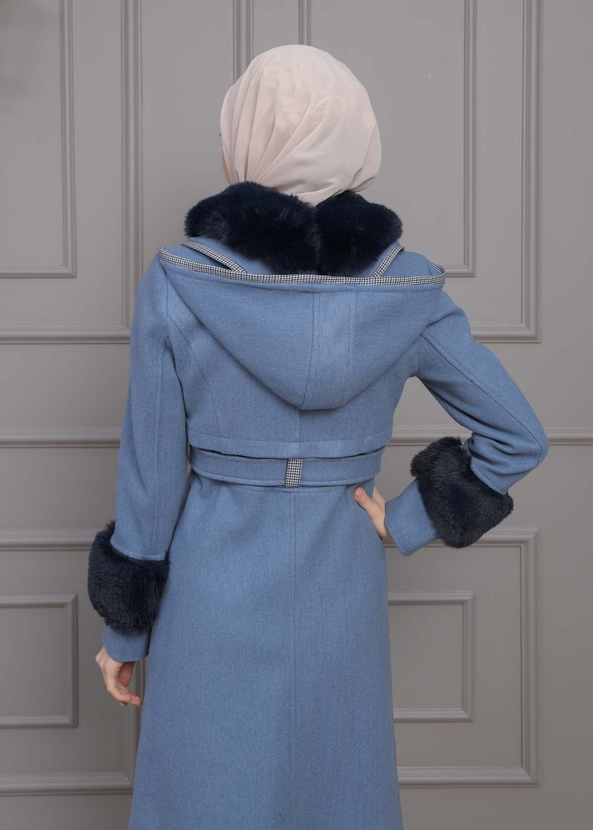 Luxuriöser Damen Trenchcoat aus Wolltuch mit Kaninchenfutter 1355 - Blau