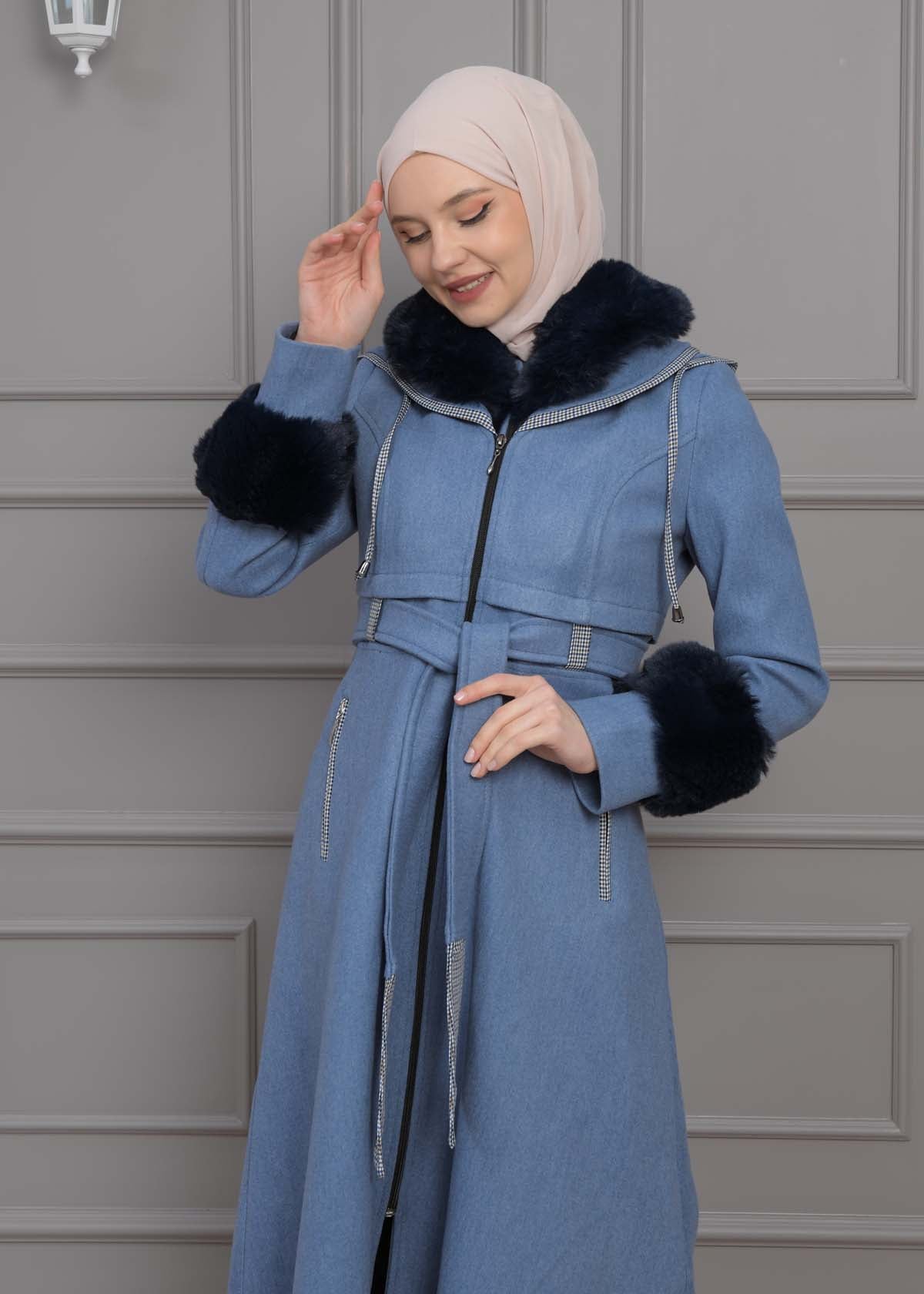 Luxuriöser Damen Trenchcoat aus Wolltuch mit Kaninchenfutter 1355 - Blau