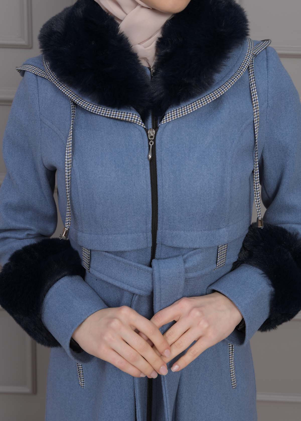 Luxuriöser Damen Trenchcoat aus Wolltuch mit Kaninchenfutter 1355 - Blau