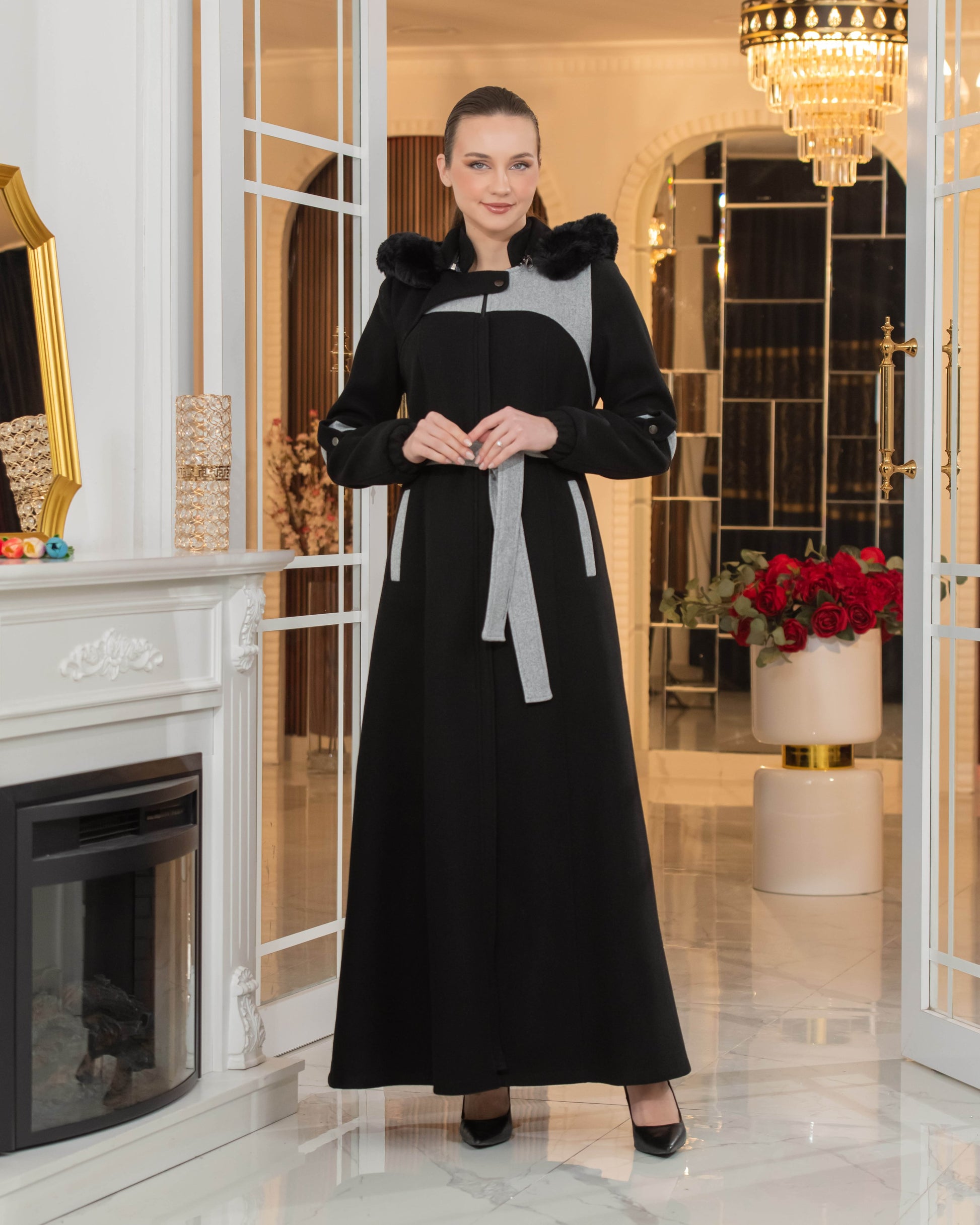 Langer Wollmantel mit Kaninchenfellfutter 1374 - Schwarz