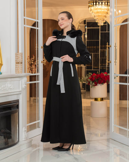 Langer Wollmantel mit Kaninchenfellfutter 1374 - Schwarz