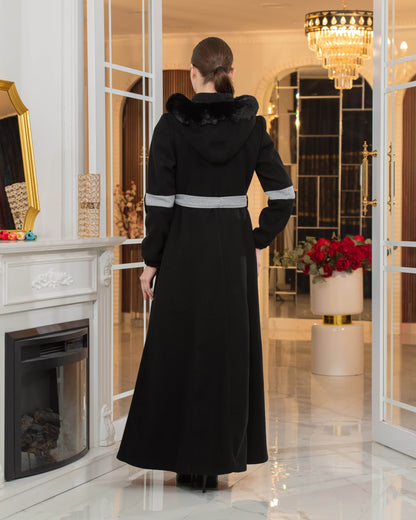 Langer Wollmantel mit Kaninchenfellfutter 1374 - Schwarz