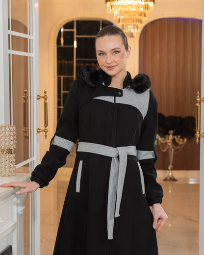 Langer Wollmantel mit Kaninchenfellfutter 1374 - Schwarz