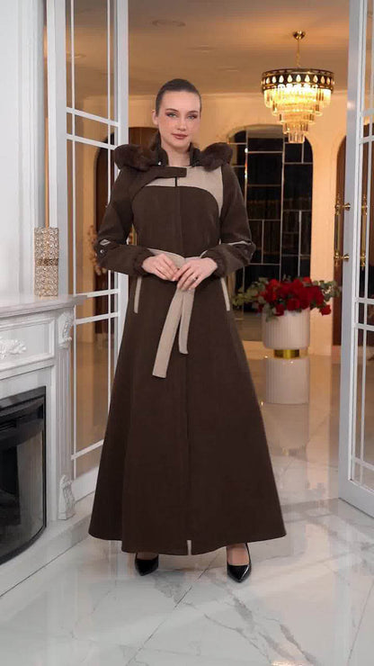 Langer Wollmantel mit Kaninchenfellfutter 1374 - Braun