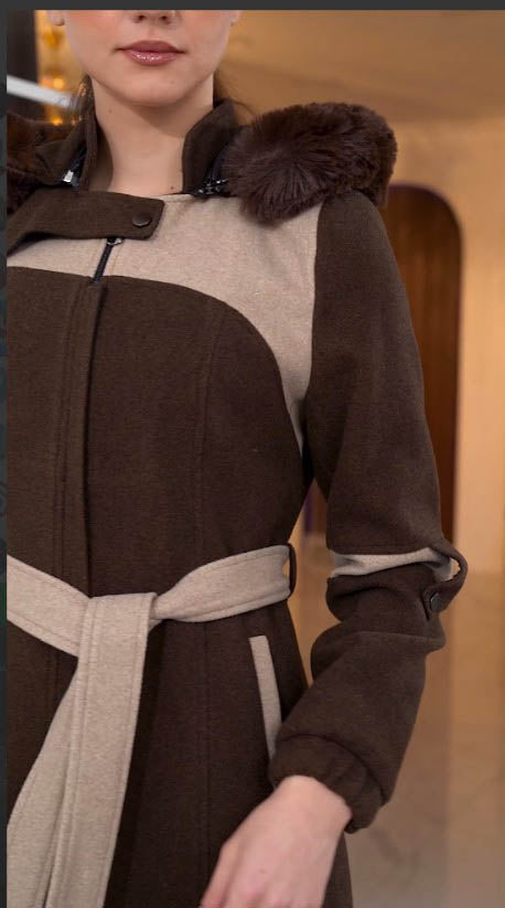 Langer Wollmantel mit Kaninchenfellfutter 1374 - Braun