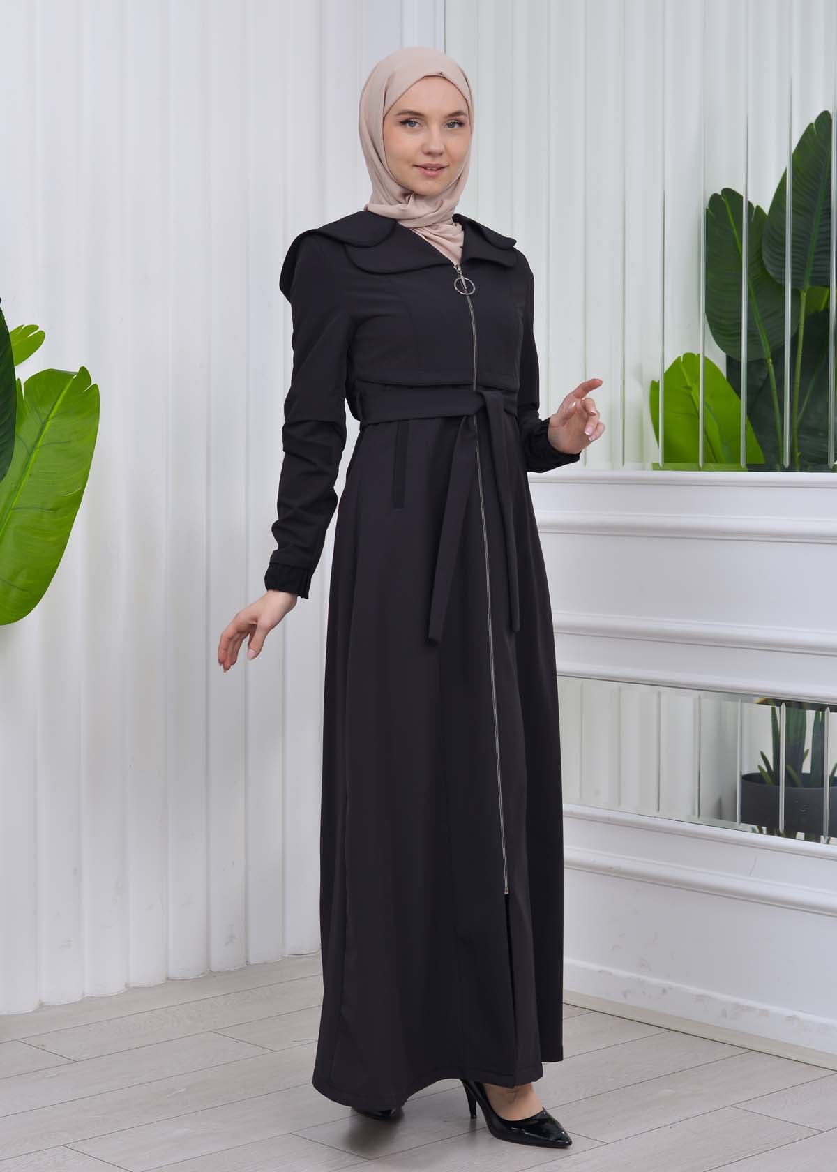Damen Trenchcoat Frühlings/Sommer Slim Fit mit Gürtel und Kapuze (A-Linie) 1211 - Schwarz