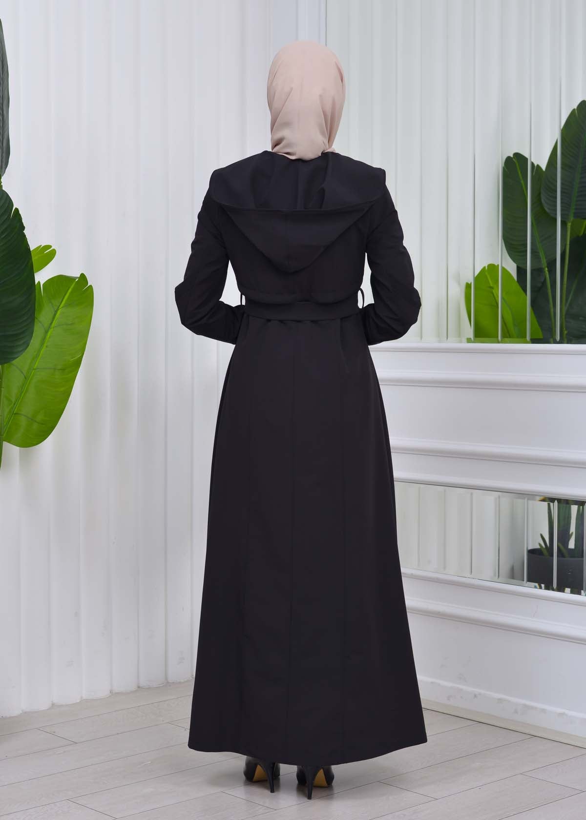 Damen Trenchcoat Frühlings/Sommer Slim Fit mit Gürtel und Kapuze (A-Linie) 1211 - Schwarz