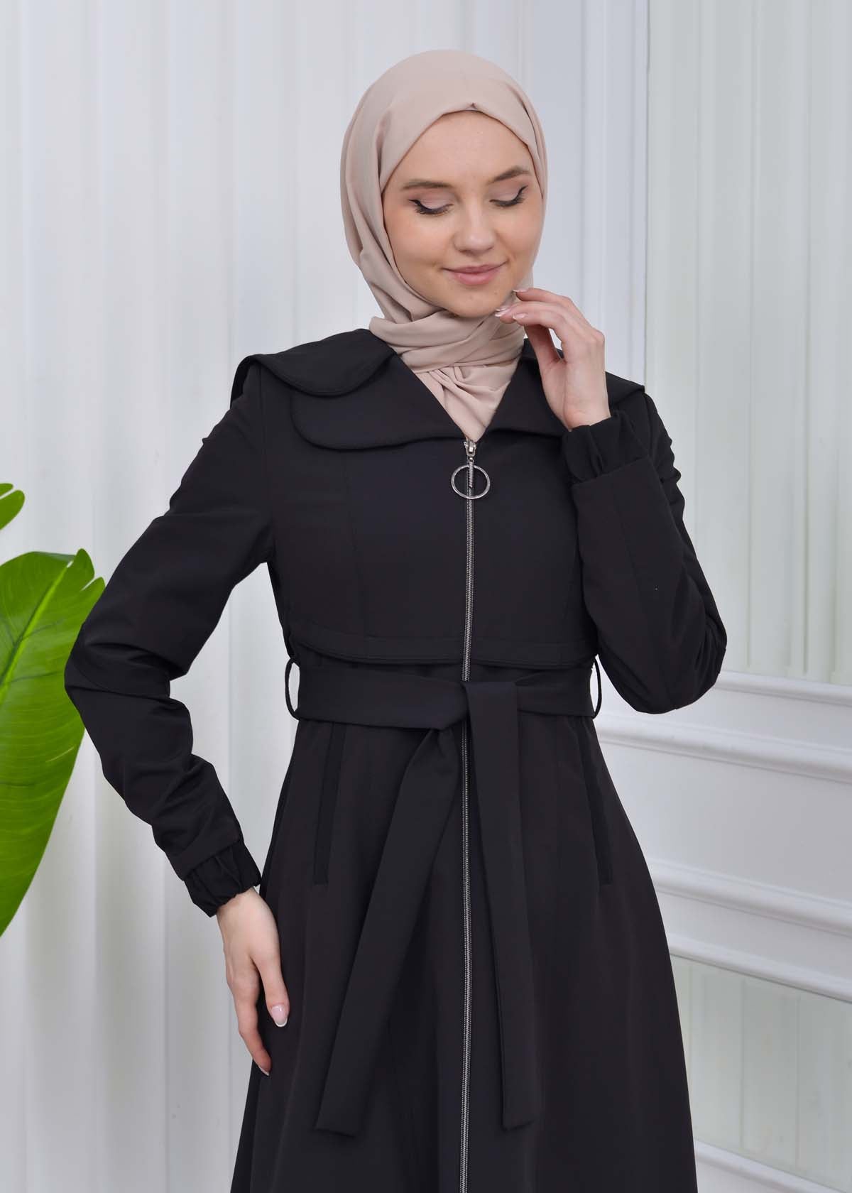 Damen Trenchcoat Frühlings/Sommer Slim Fit mit Gürtel und Kapuze (A-Linie) 1211 - Schwarz