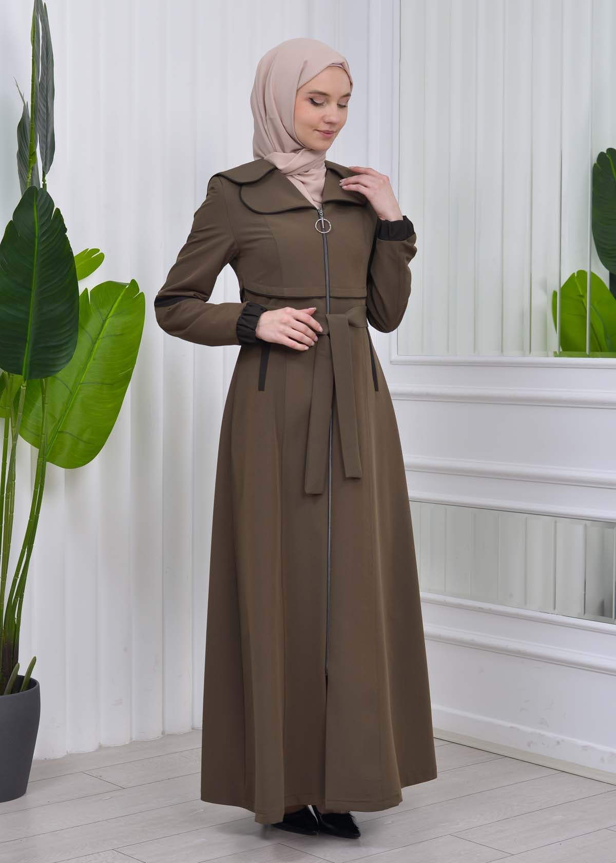 Damen Trenchcoat Frühlings/Sommer Slim Fit mit Gürtel und Kapuze (A-Linie) 1211 - Dunkelkhaki
