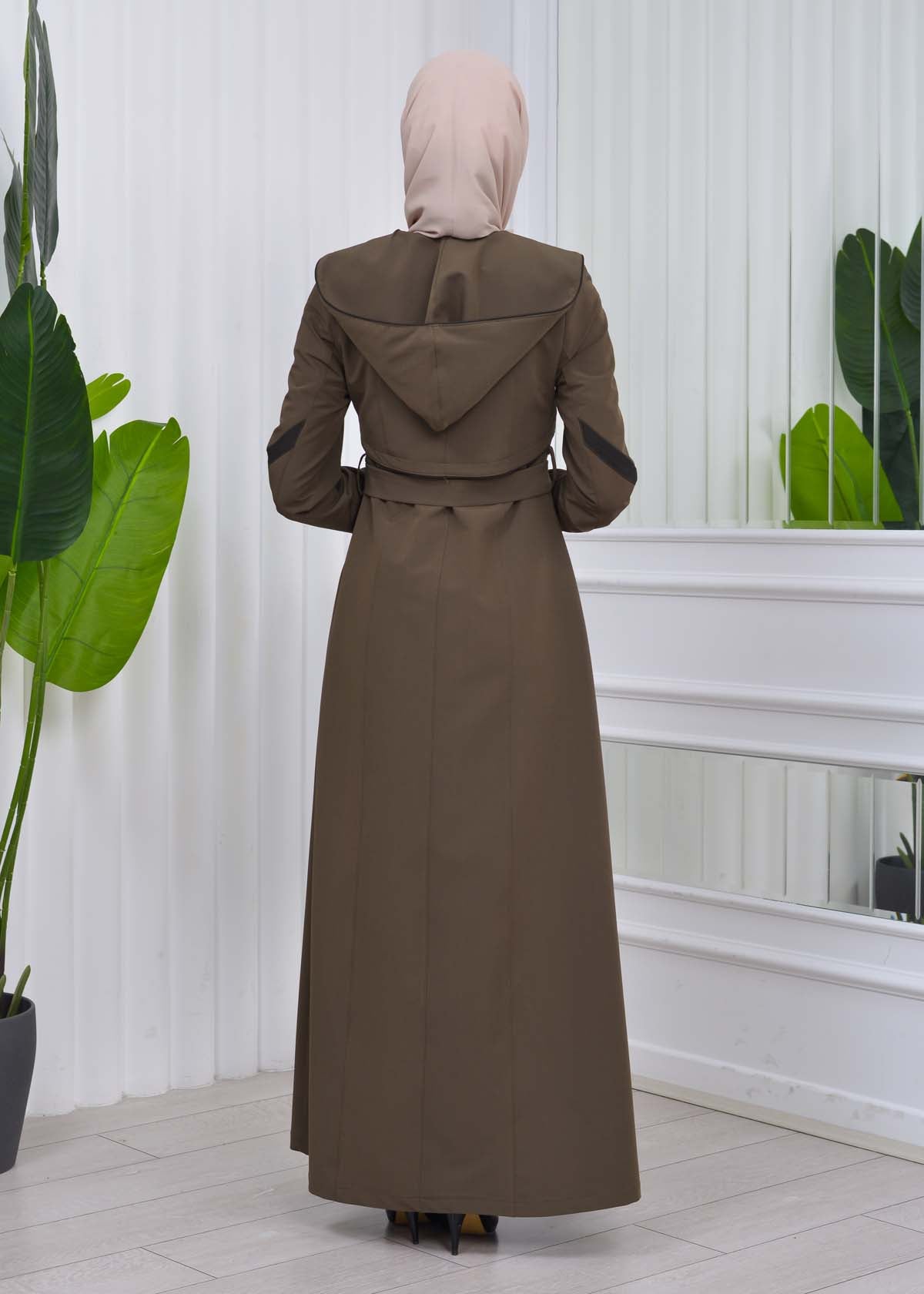 Damen Trenchcoat Frühlings/Sommer Slim Fit mit Gürtel und Kapuze (A-Linie) 1211 - Dunkelkhaki