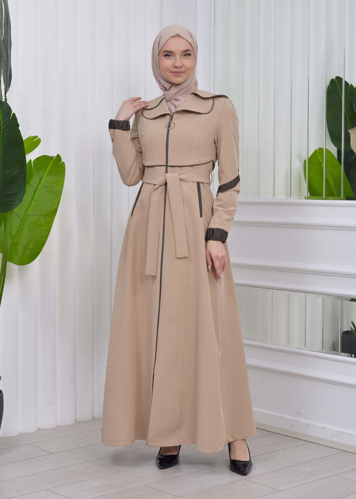 Damen Trenchcoat Frühlings/Sommer Slim Fit mit Gürtel und Kapuze (A-Linie) 1211 - Beige