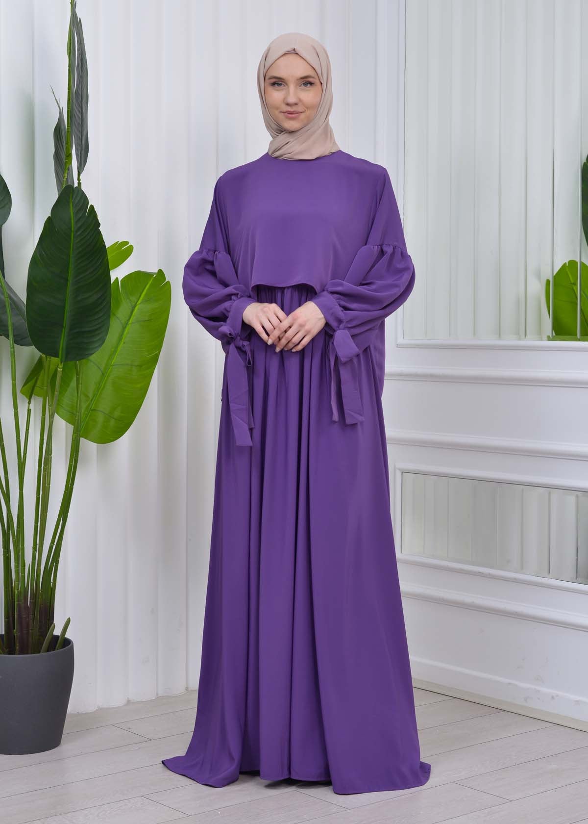 Lace up Sleeve Simple Hijab Dress 831 - Lila