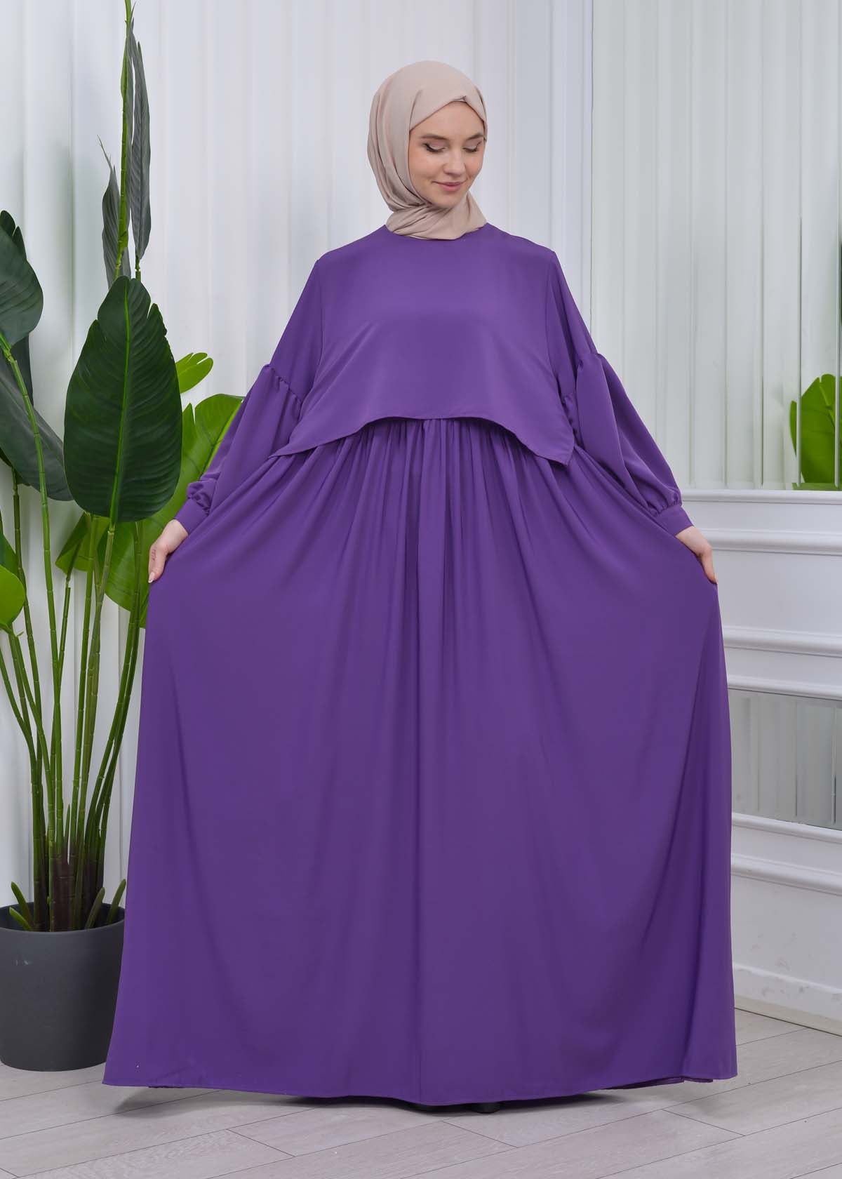 Lace up Sleeve Simple Hijab Dress 831 - Lila