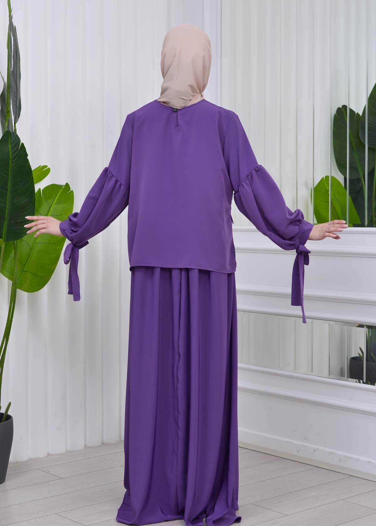 Lace up Sleeve Simple Hijab Dress 831 - Lila