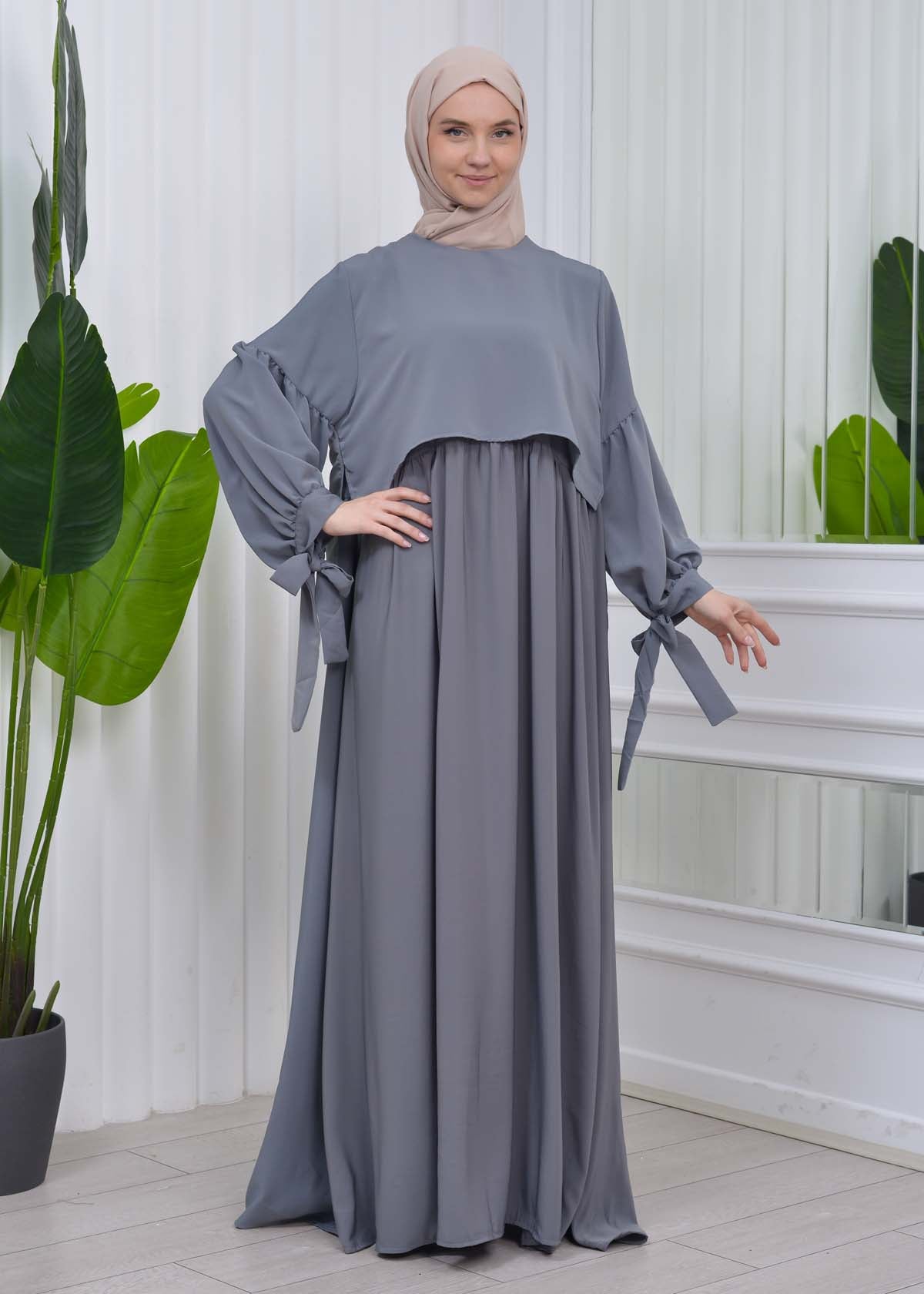 Lace up Sleeve Simple Hijab Dress 831 - Anthrazit