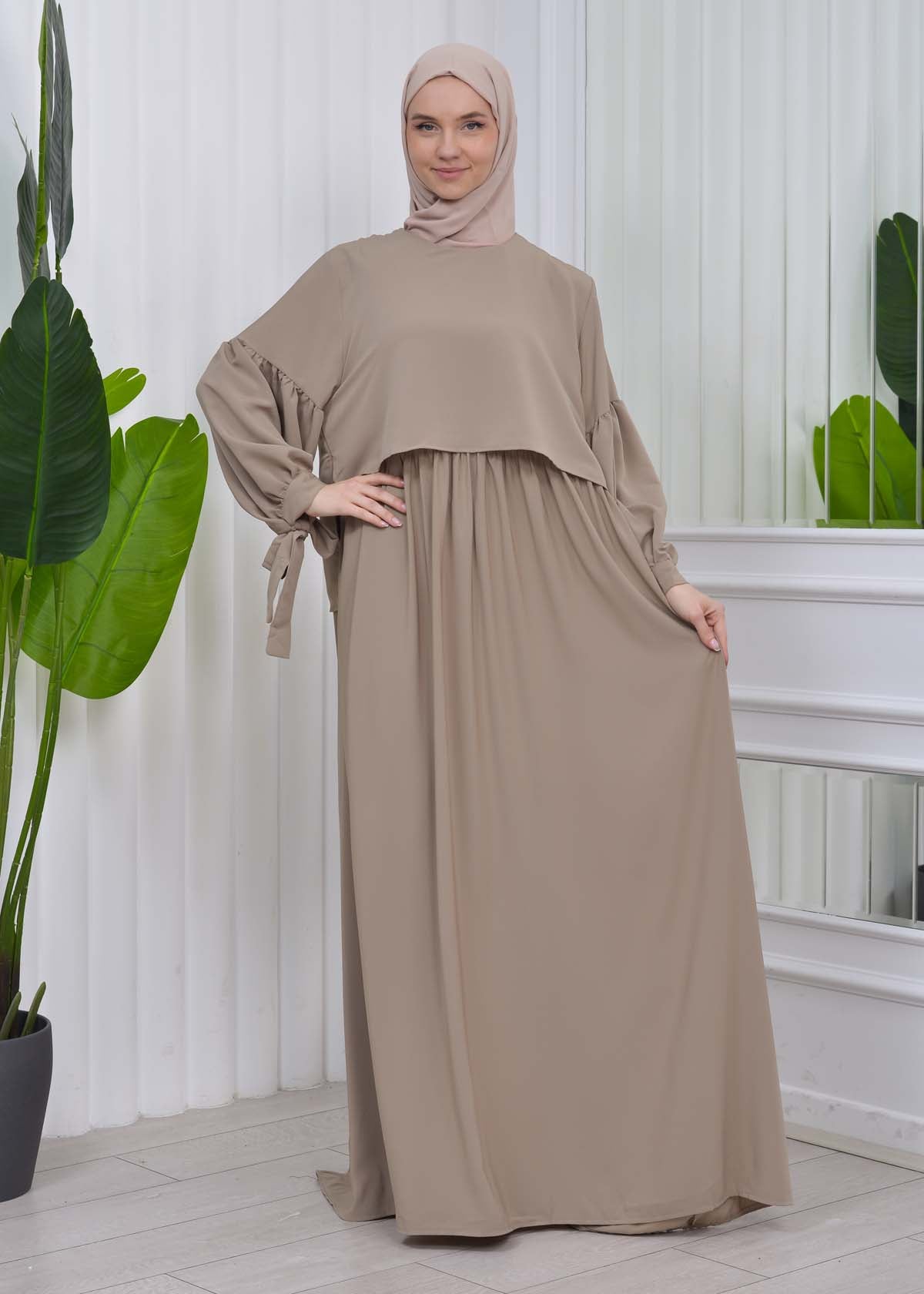 Lace up Sleeve Simple Hijab Dress 831 - Hellbraun