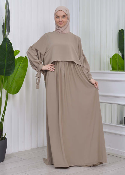 Lace up Sleeve Simple Hijab Dress 831 - Hellbraun
