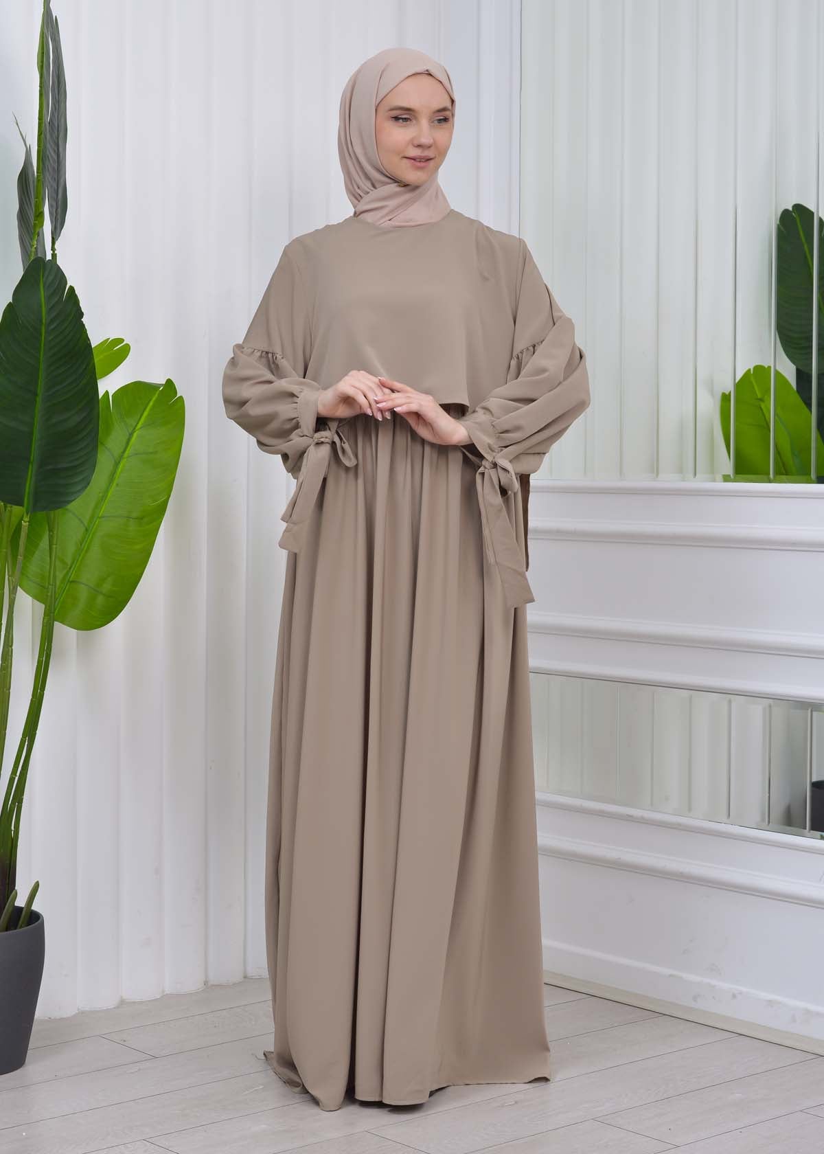 Lace up Sleeve Simple Hijab Dress 831 - Hellbraun