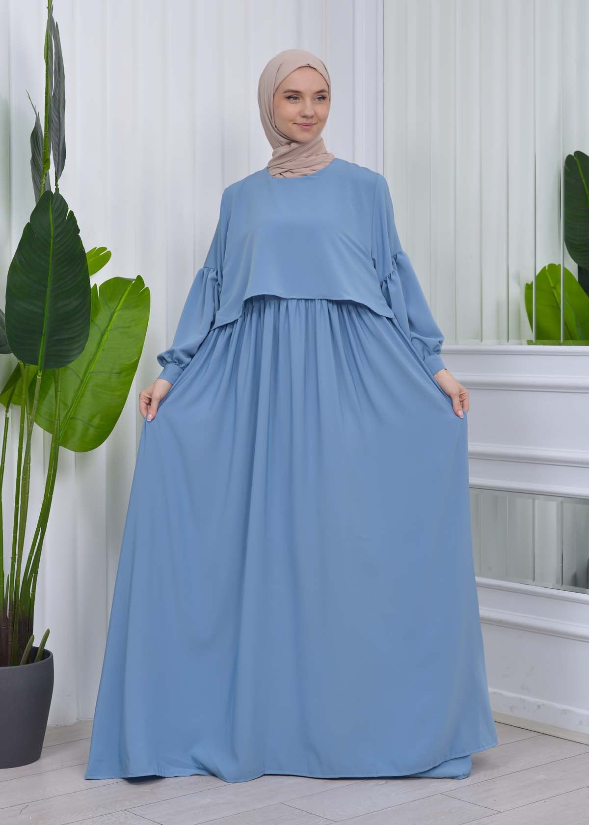 Lace up Sleeve Simple Hijab Dress 831 - Babyblau
