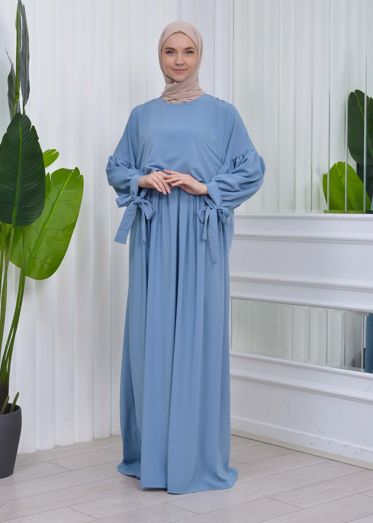 Lace up Sleeve Simple Hijab Dress 831 - Babyblau