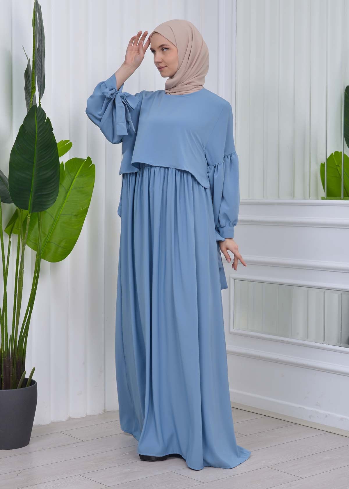 Lace up Sleeve Simple Hijab Dress 831 - Babyblau